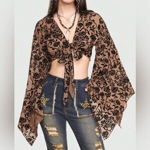 Women Tie Front Crop Small Blouse Burnout Boho Whinsigoth Fairy Bell Sleeve Chic